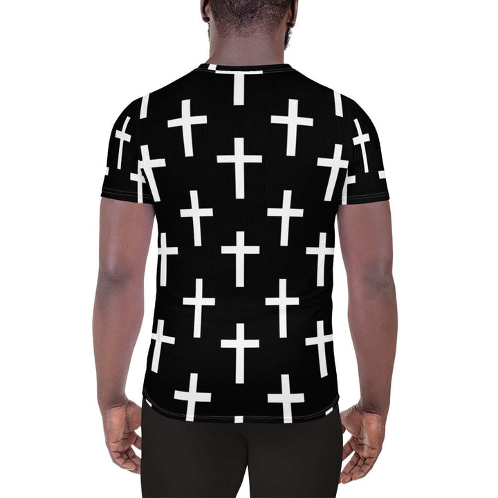Mens Stretch Fit Athletic Sports T-shirt - Black White Cross Print