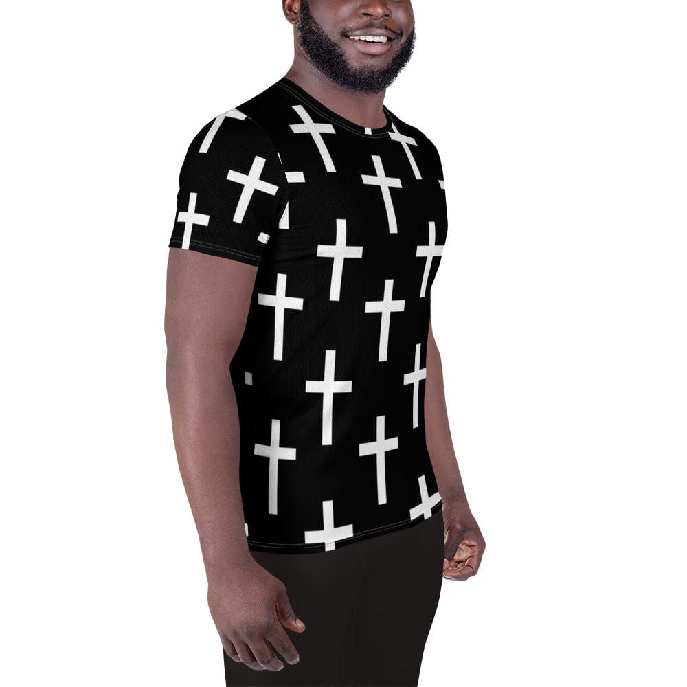 Mens Stretch Fit Athletic Sports T-shirt - Black White Cross Print