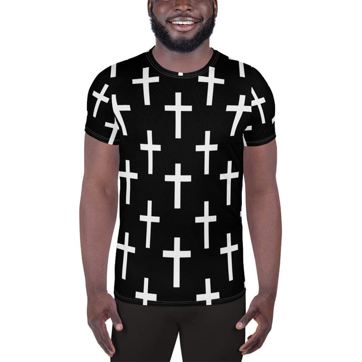 Mens Stretch Fit Athletic Sports T-shirt - Black White Cross Print