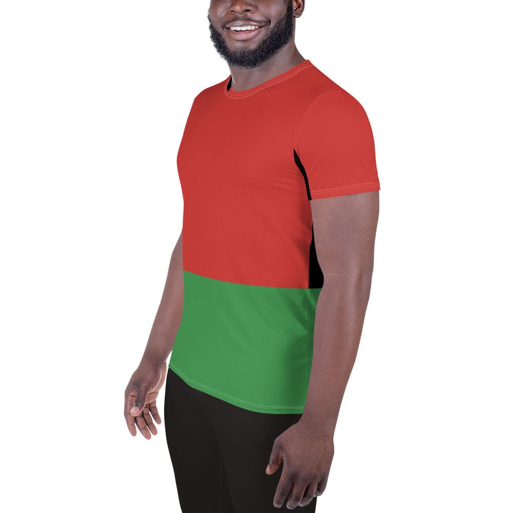 Mens Stretch Fit Athletic Sports T-shirt - Black Red Green Stripped