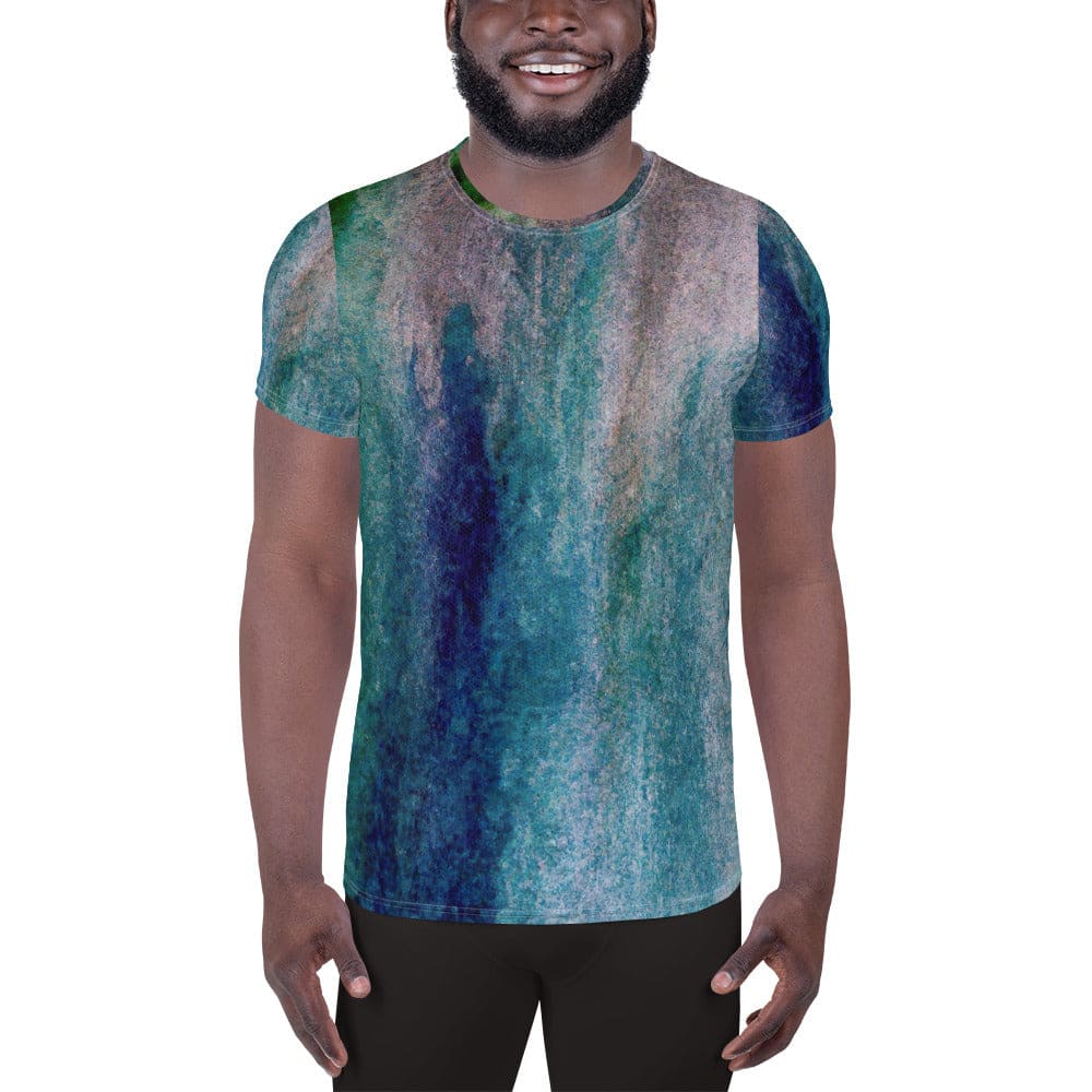 Mens Stretch Fit Athletic Sports T-shirt - Blue Hue Watercolor Abstract