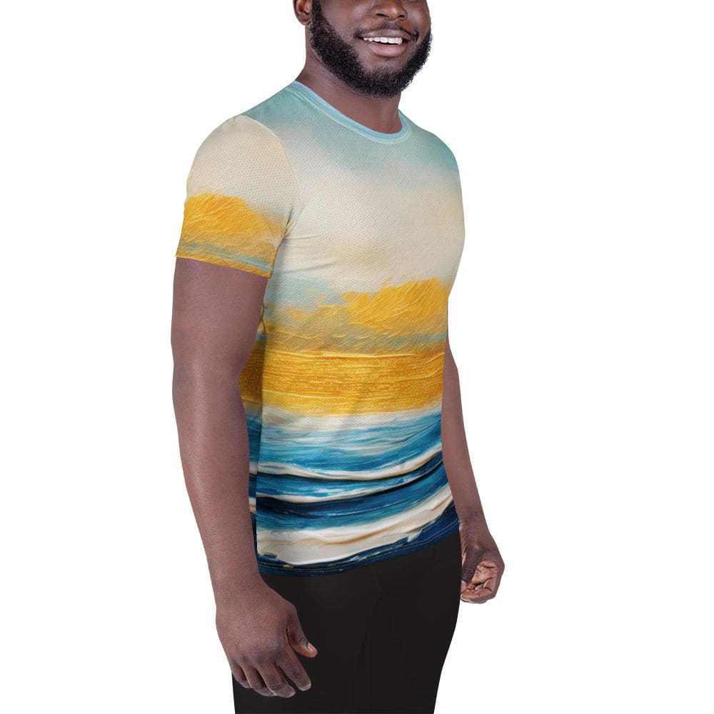 Mens Stretch Fit Athletic Sports T-shirt - Blue Ocean Golden Sunset