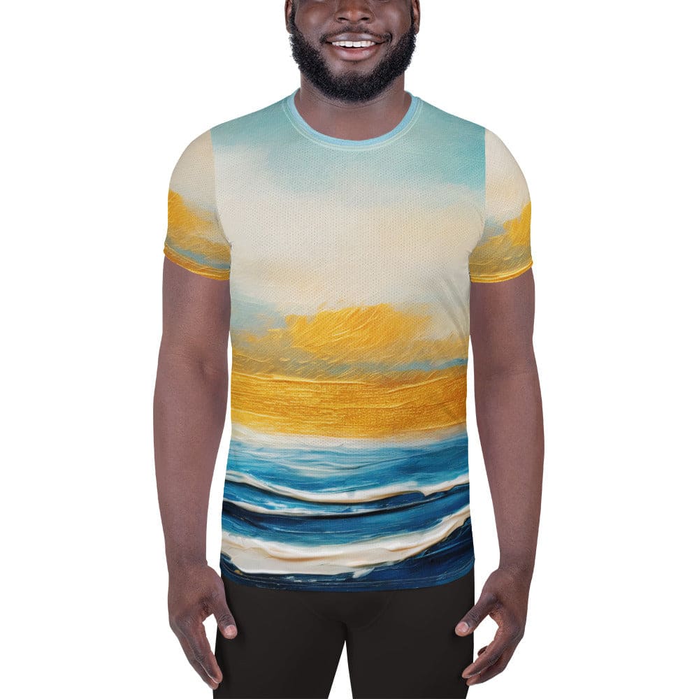 Mens Stretch Fit Athletic Sports T-shirt - Blue Ocean Golden Sunset