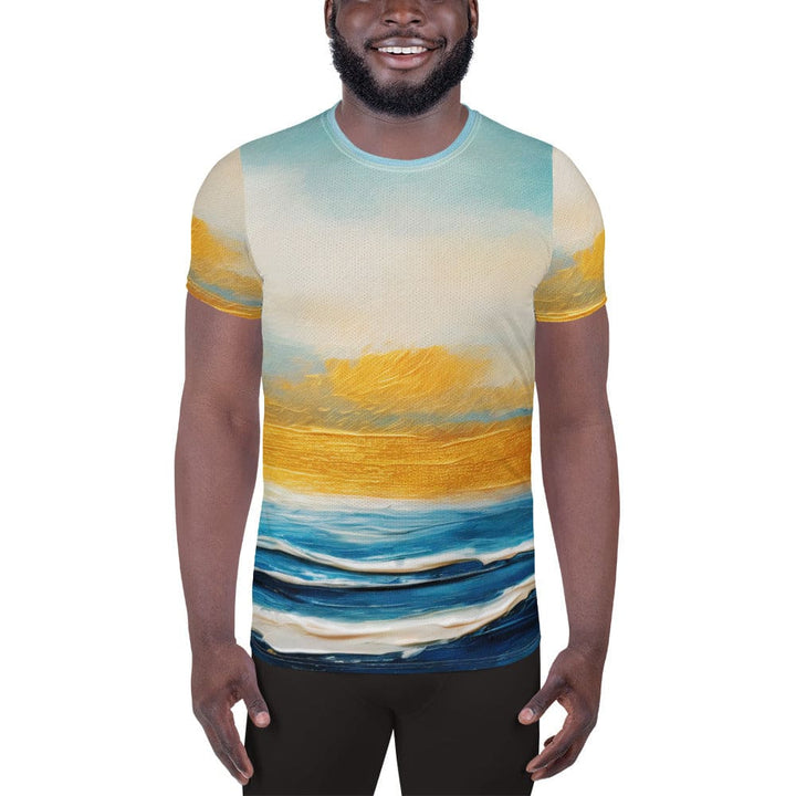 Mens Stretch Fit Athletic Sports T-shirt - Blue Ocean Golden Sunset