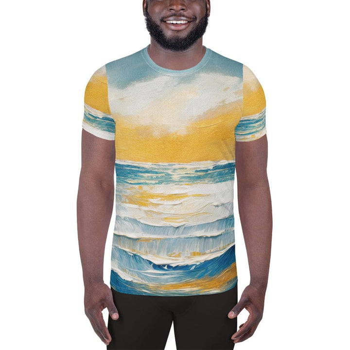 Mens Stretch Fit Athletic Sports T-shirt - Blue Ocean Golden Sunset