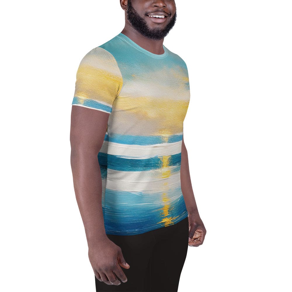 Mens Stretch Fit Athletic Sports T-shirt - Blue Ocean Golden Sunset Print