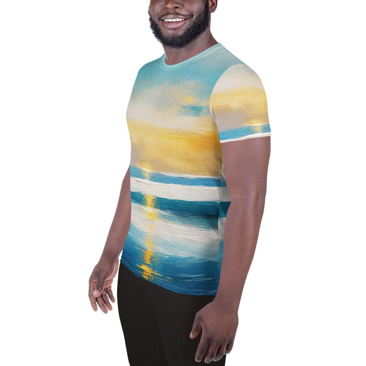 Mens Stretch Fit Athletic Sports T-shirt - Blue Ocean Golden Sunset Print
