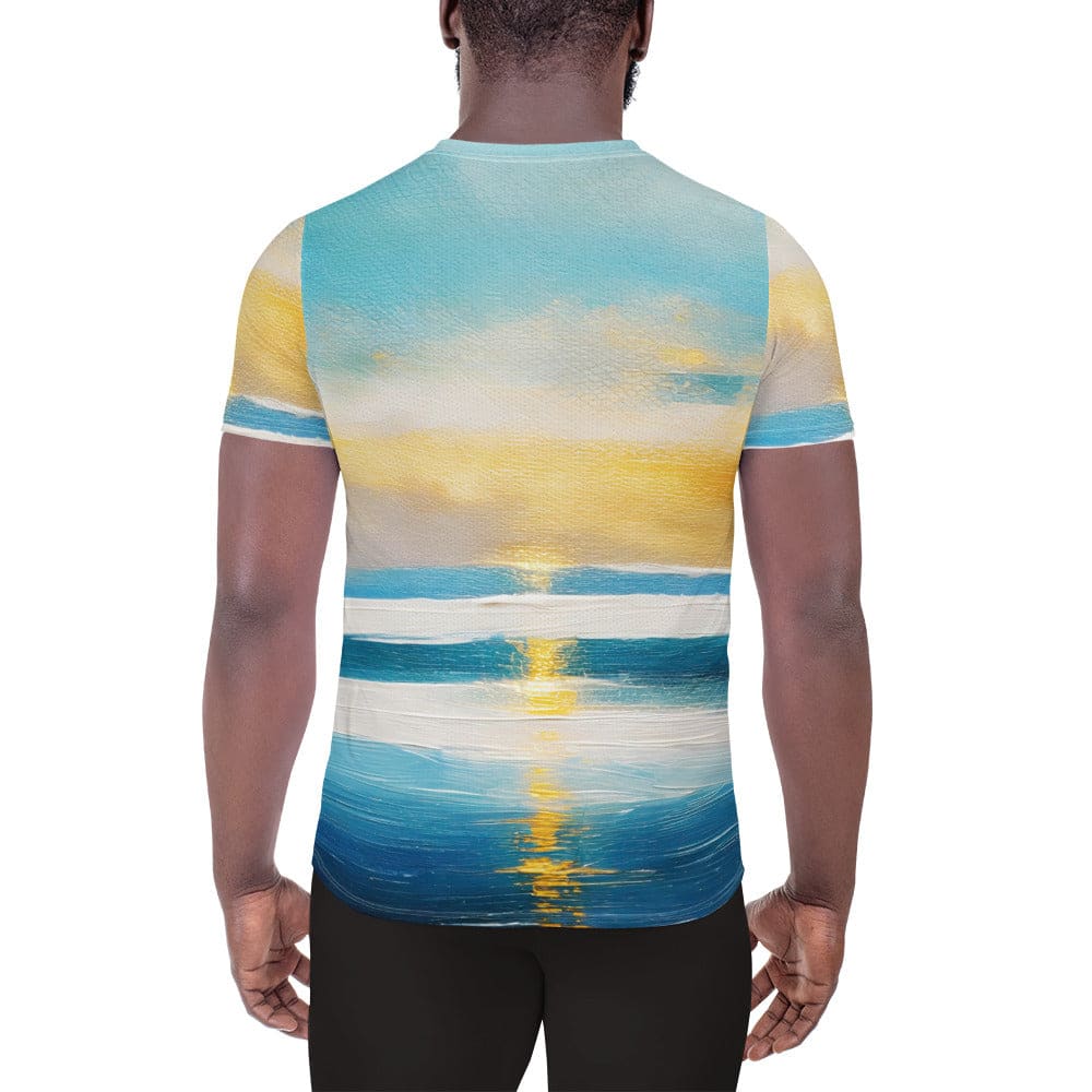 Mens Stretch Fit Athletic Sports T-shirt - Blue Ocean Golden Sunset Print