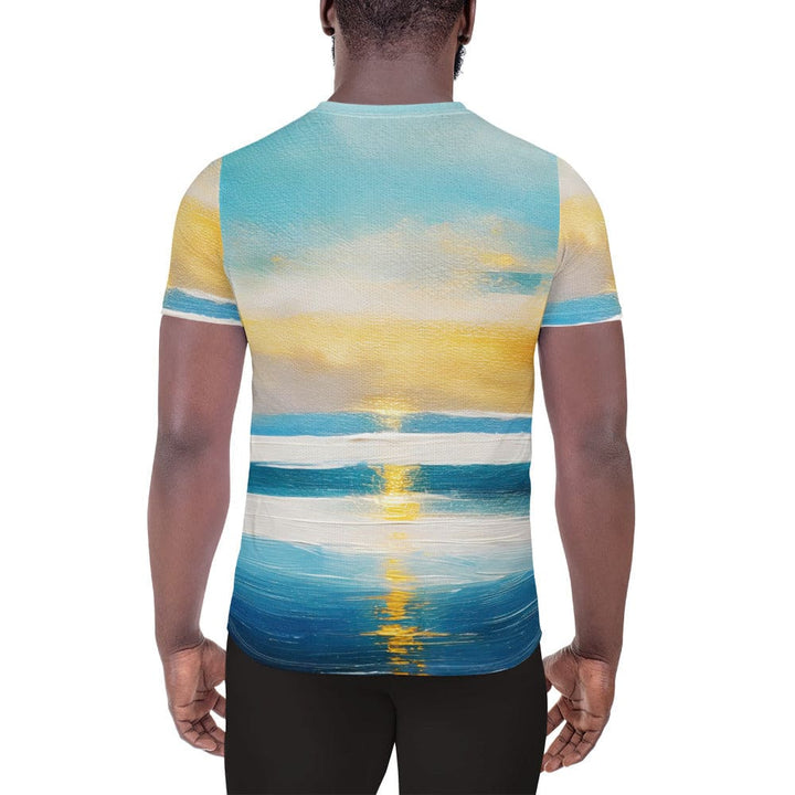 Mens Stretch Fit Athletic Sports T-shirt - Blue Ocean Golden Sunset Print