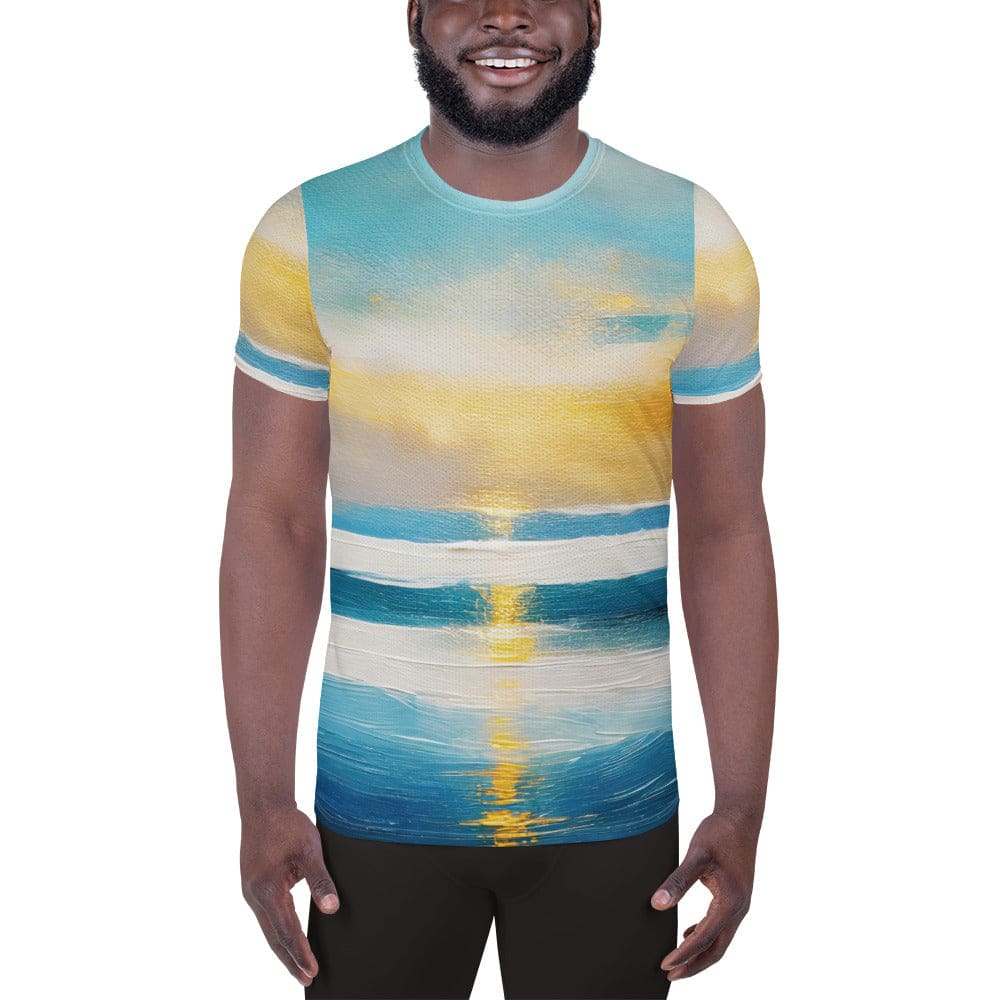 Mens Stretch Fit Athletic Sports T-shirt - Blue Ocean Golden Sunset Print
