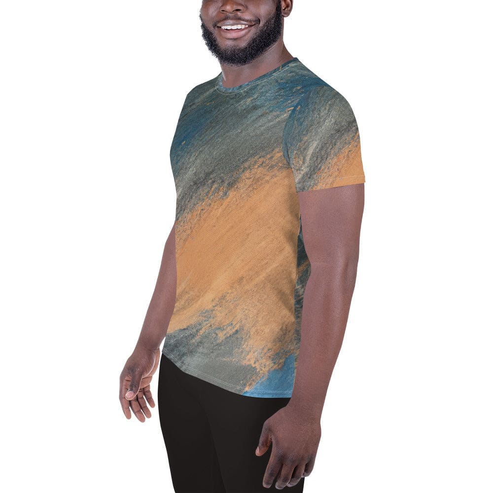 Mens Stretch Fit Athletic Sports T-shirt - Blue Orange Abstract Pattern