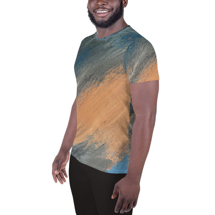 Mens Stretch Fit Athletic Sports T-shirt - Blue Orange Abstract Pattern