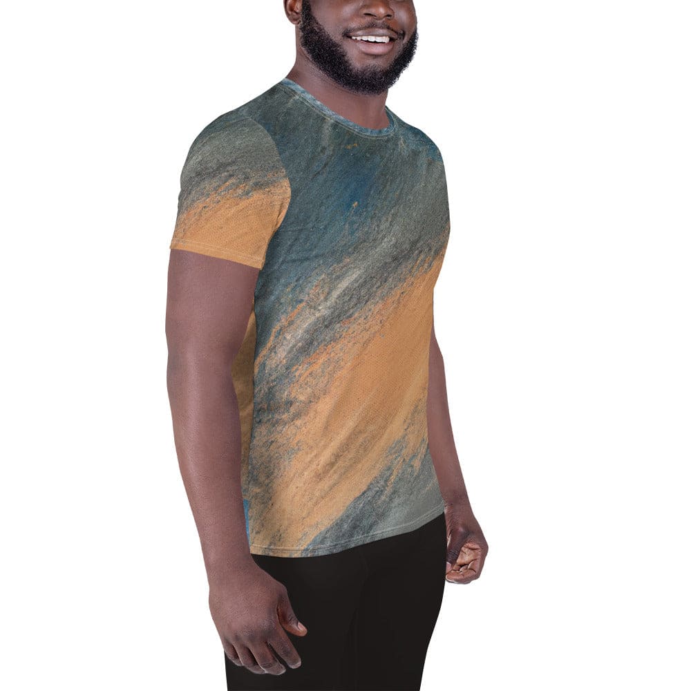Mens Stretch Fit Athletic Sports T-shirt - Blue Orange Abstract Pattern