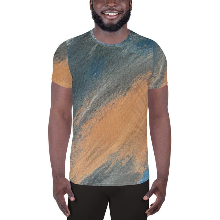 Mens Stretch Fit Athletic Sports T-shirt - Blue Orange Abstract Pattern
