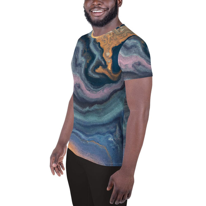Mens Stretch Fit Athletic Sports T-shirt - Blue Pink Marble Swirl Print