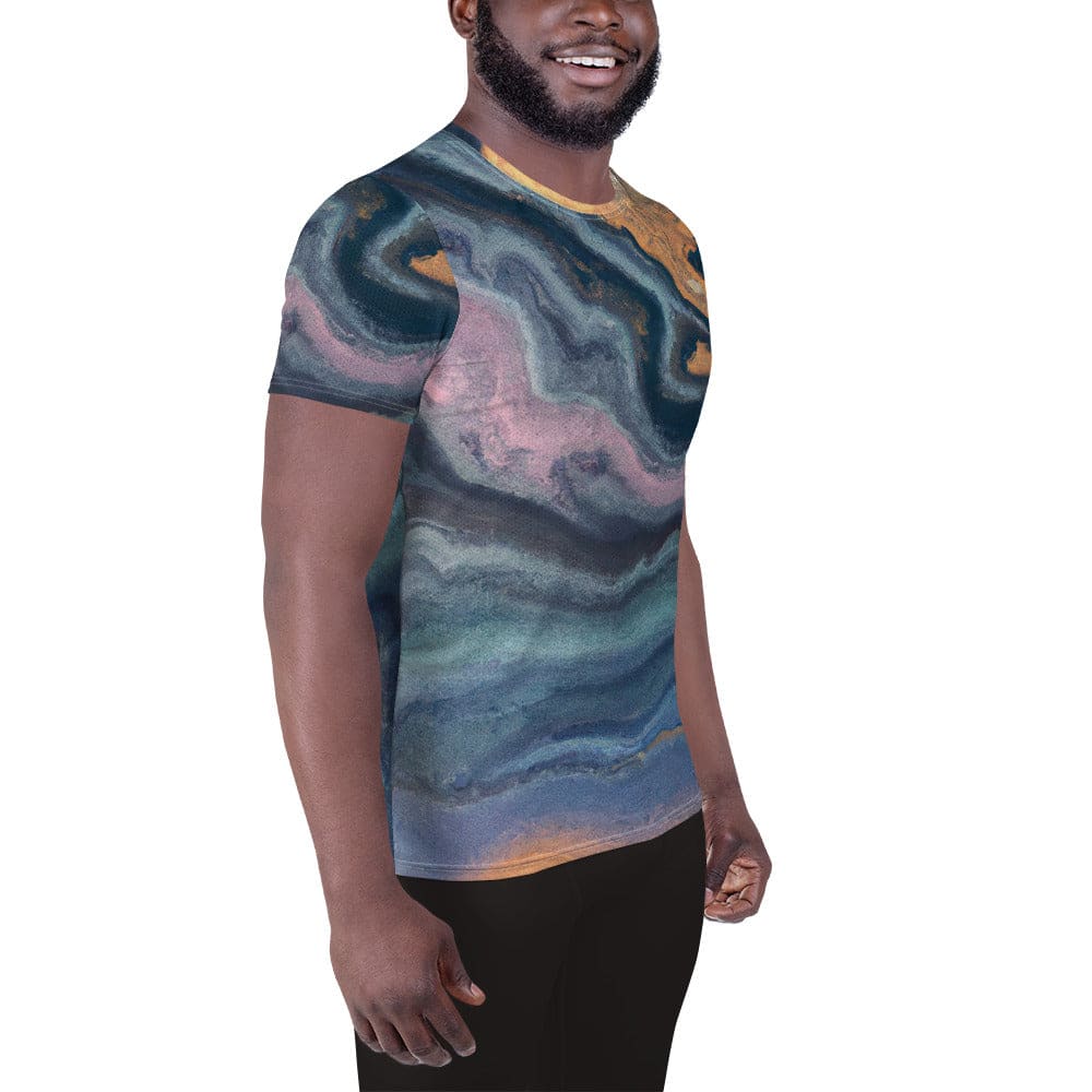 Mens Stretch Fit Athletic Sports T-shirt - Blue Pink Marble Swirl Print