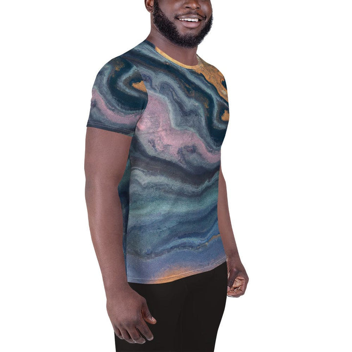 Mens Stretch Fit Athletic Sports T-shirt - Blue Pink Marble Swirl Print