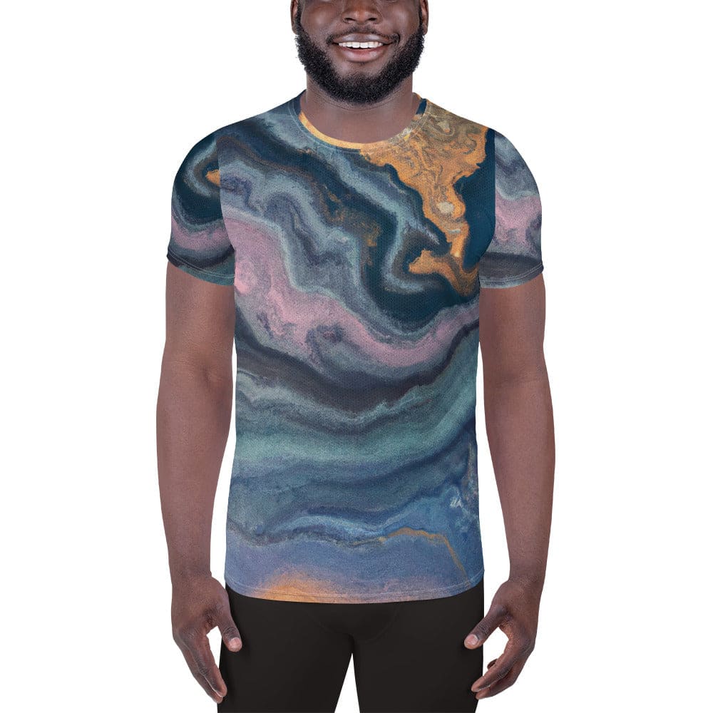 Mens Stretch Fit Athletic Sports T-shirt - Blue Pink Marble Swirl Print