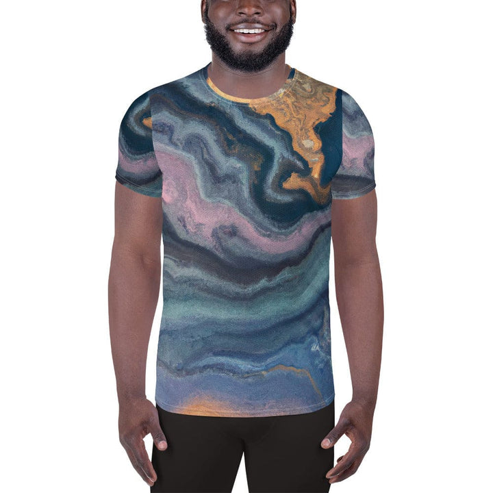 Mens Stretch Fit Athletic Sports T-shirt - Blue Pink Marble Swirl Print