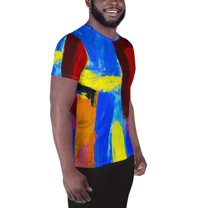 Mens Stretch Fit Athletic Sports T-shirt - Blue Red Abstract Pattern