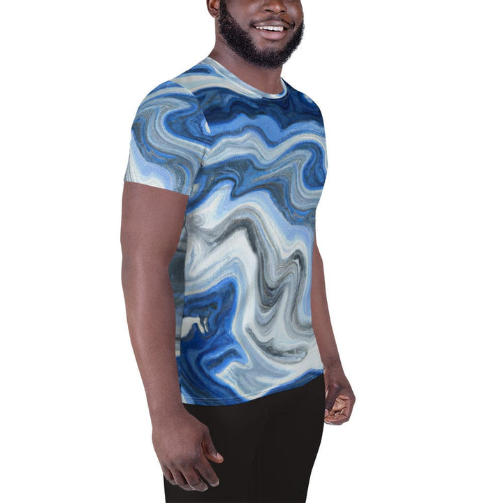 Mens Stretch Fit Athletic Sports T-shirt - Blue Grey Marble Print