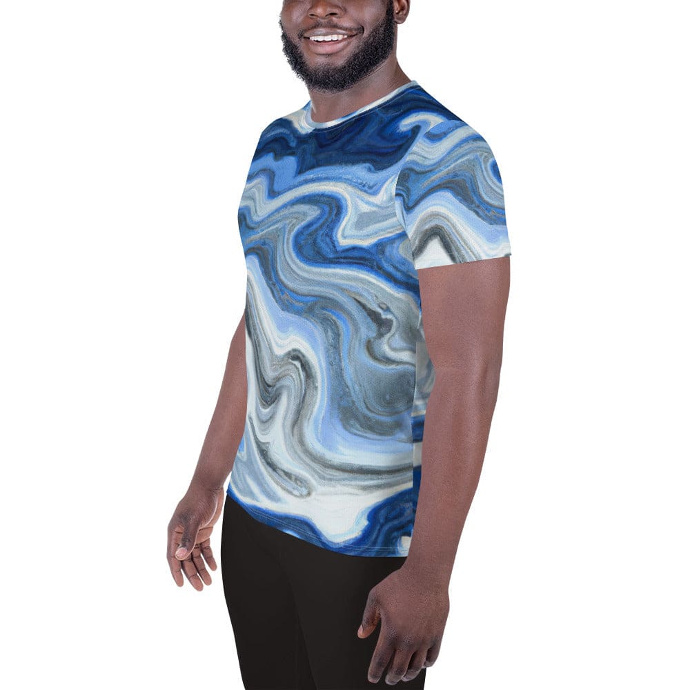 Mens Stretch Fit Athletic Sports T-shirt - Blue Grey Marble Print