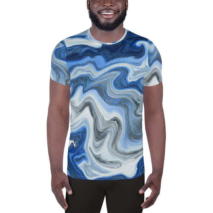 Mens Stretch Fit Athletic Sports T-shirt - Blue Grey Marble Print