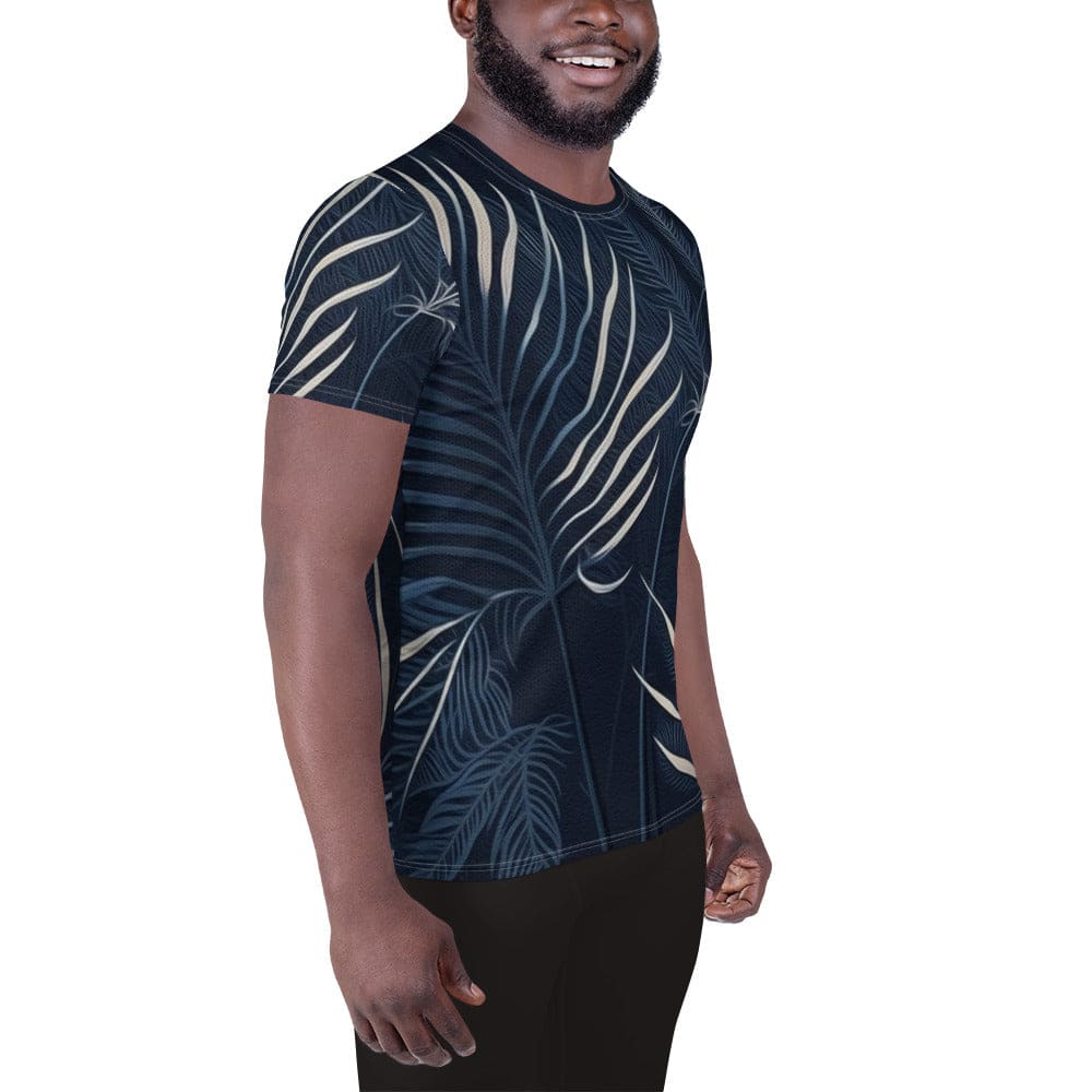 Mens Stretch Fit Athletic Sports T-shirt - Blue White Palm Leaves