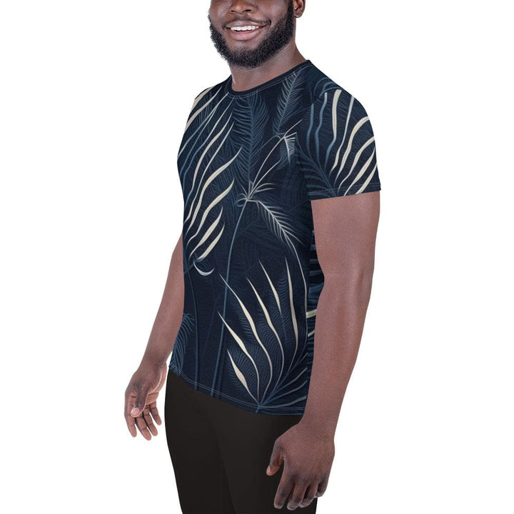 Mens Stretch Fit Athletic Sports T-shirt - Blue White Palm Leaves