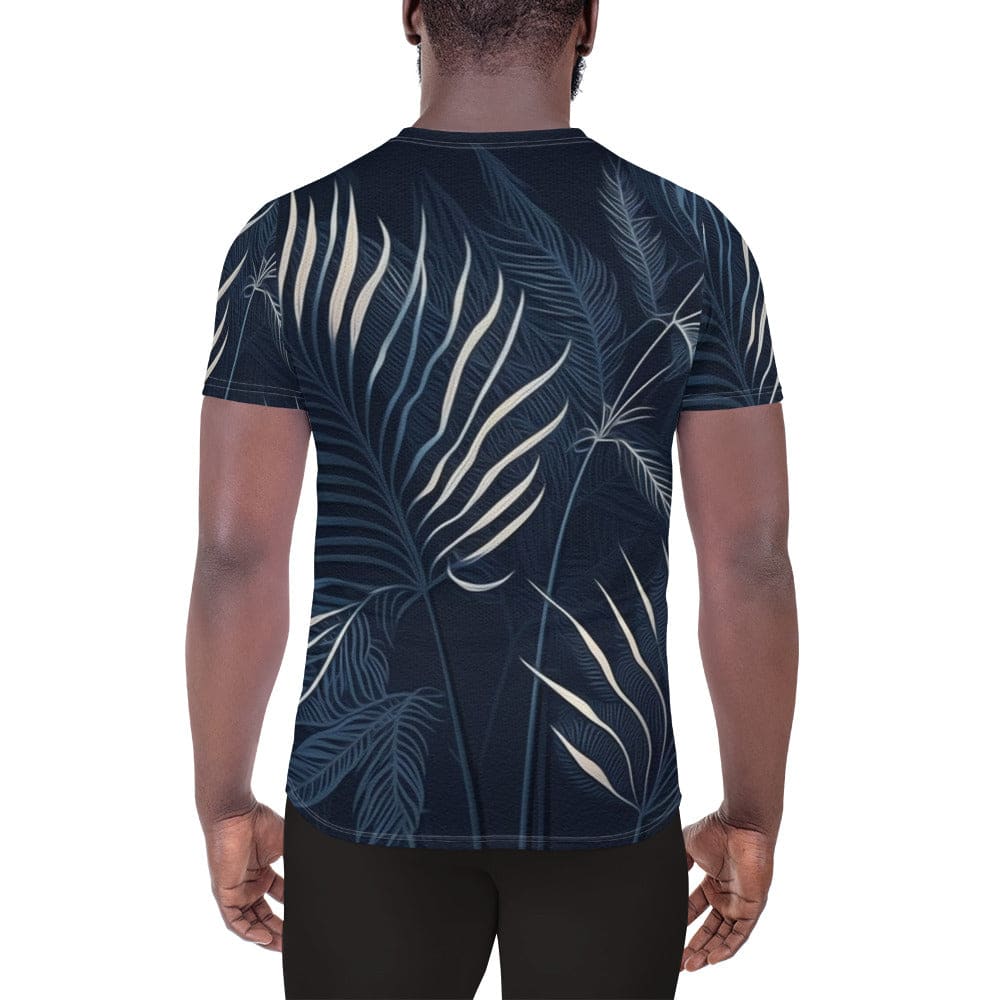 Mens Stretch Fit Athletic Sports T-shirt - Blue White Palm Leaves