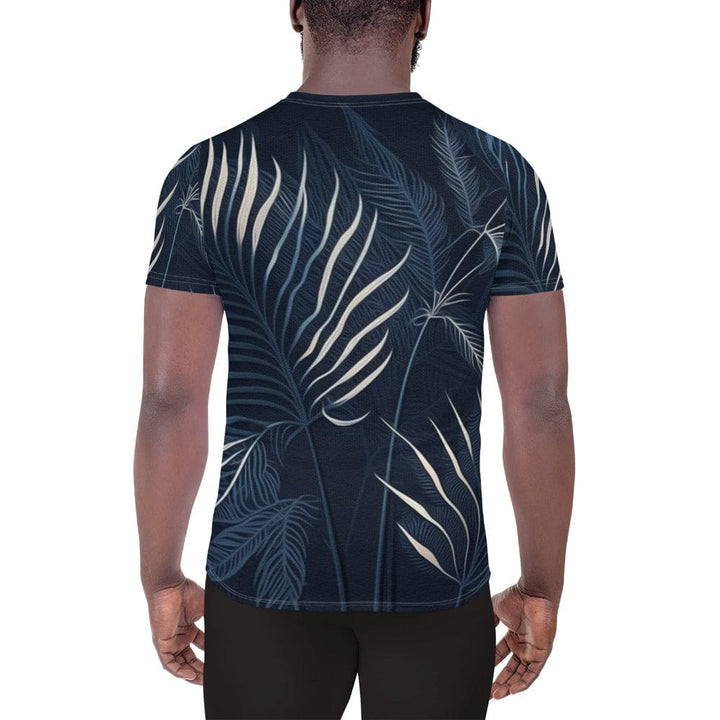 Mens Stretch Fit Athletic Sports T-shirt - Blue White Palm Leaves