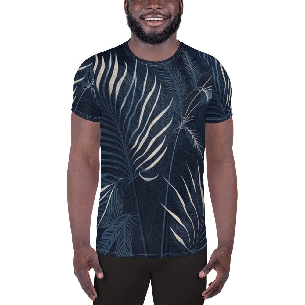 Mens Stretch Fit Athletic Sports T-shirt - Blue White Palm Leaves