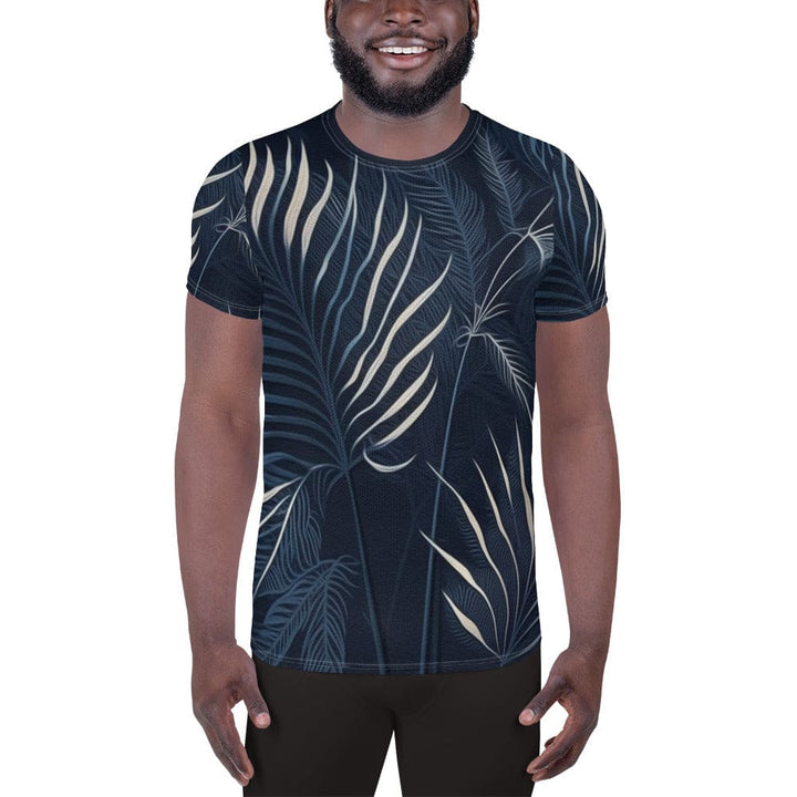 Mens Stretch Fit Athletic Sports T-shirt - Blue White Palm Leaves