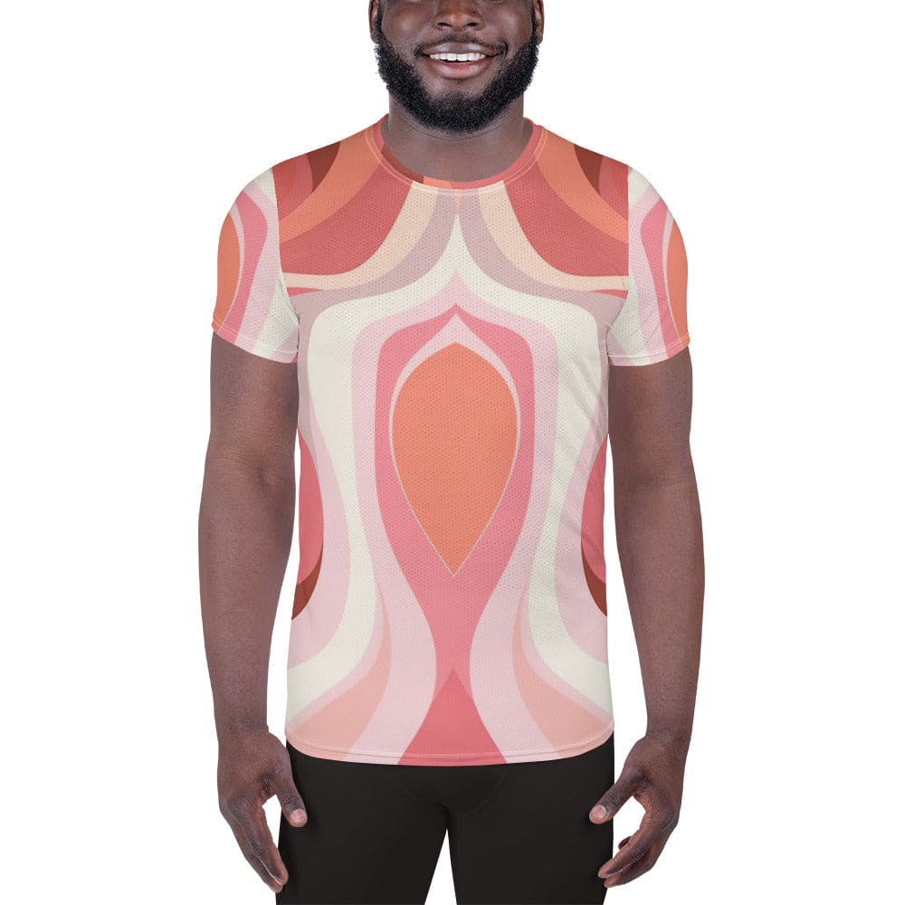 Mens Stretch Fit Athletic Sports T-shirt - Pink White Boho Swirl Lines