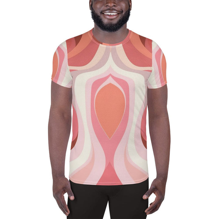 Mens Stretch Fit Athletic Sports T-shirt - Pink White Boho Swirl Lines