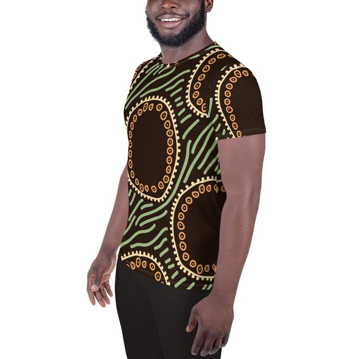 Mens Stretch Fit Athletic Sports T-shirt - Brown Green Geometric Lines