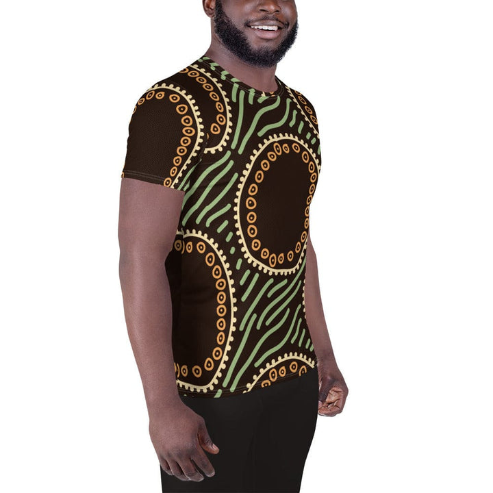 Mens Stretch Fit Athletic Sports T-shirt - Brown Green Geometric Lines