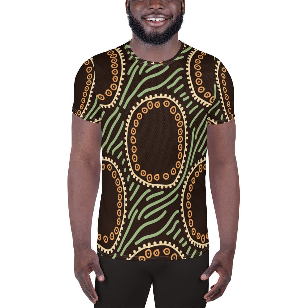 Mens Stretch Fit Athletic Sports T-shirt - Brown Green Geometric Lines