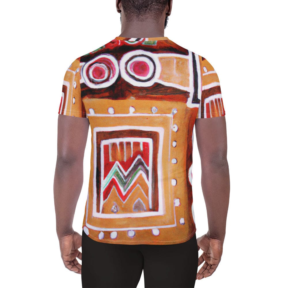 Mens Stretch Fit Athletic Sports T-shirt - Brown Orange Green Aztec