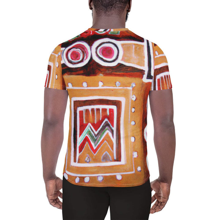 Mens Stretch Fit Athletic Sports T-shirt - Brown Orange Green Aztec