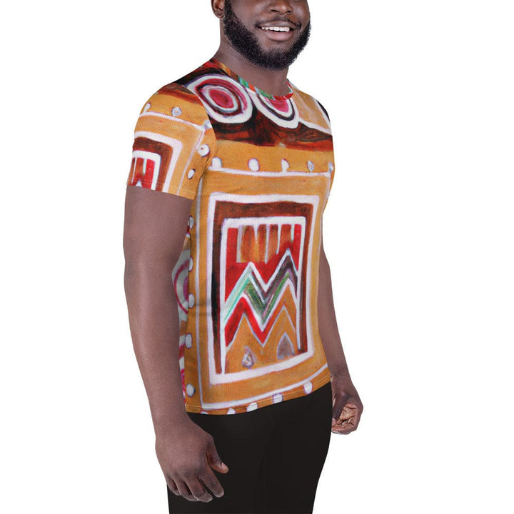 Mens Stretch Fit Athletic Sports T-shirt - Brown Orange Green Aztec