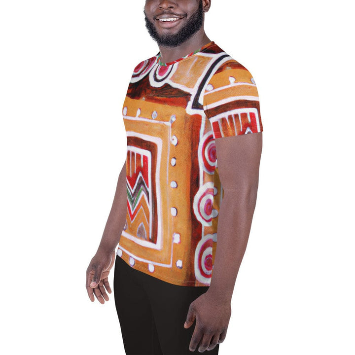 Mens Stretch Fit Athletic Sports T-shirt - Brown Orange Green Aztec