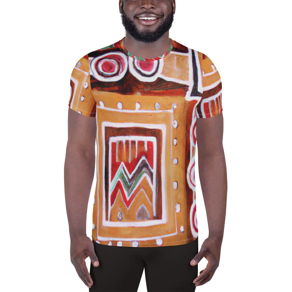 Mens Stretch Fit Athletic Sports T-shirt - Brown Orange Green Aztec