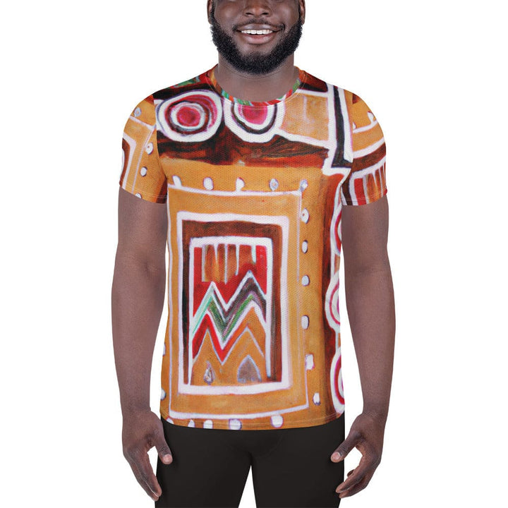 Mens Stretch Fit Athletic Sports T-shirt - Brown Orange Green Aztec