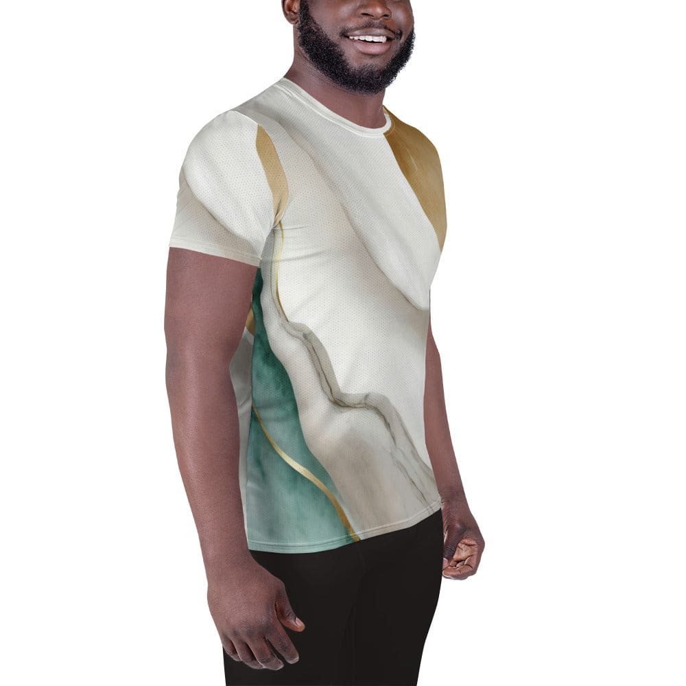 Mens Stretch Fit Athletic Sports T-shirt - Cream White Green Marbled