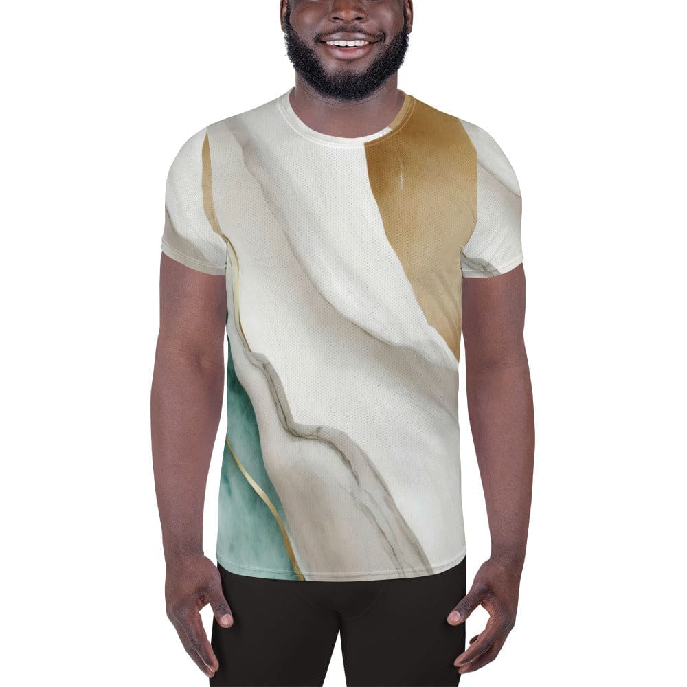 Mens Stretch Fit Athletic Sports T-shirt - Cream White Green Marbled