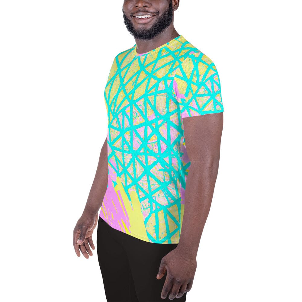 Mens Stretch Fit Athletic Sports T-shirt - Cyan Blue Lime Green and Pink