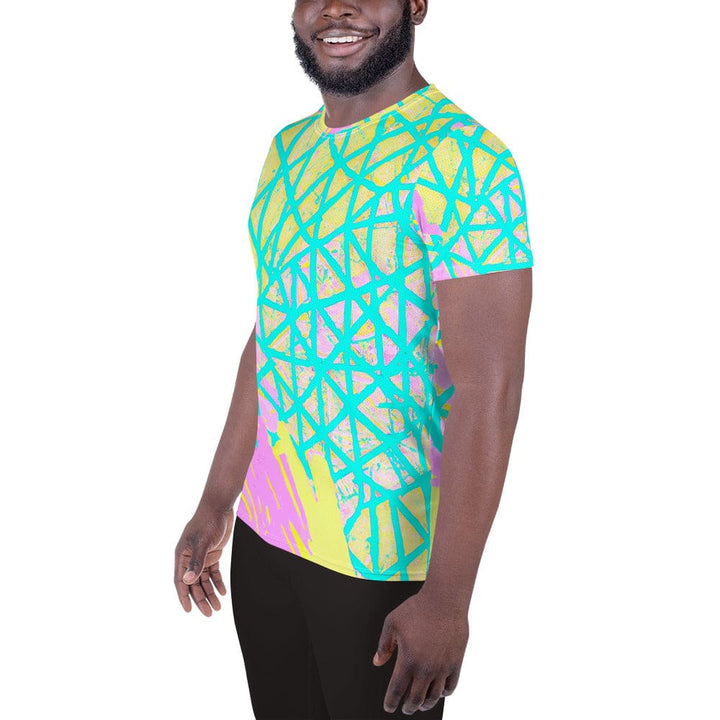 Mens Stretch Fit Athletic Sports T-shirt - Cyan Blue Lime Green and Pink