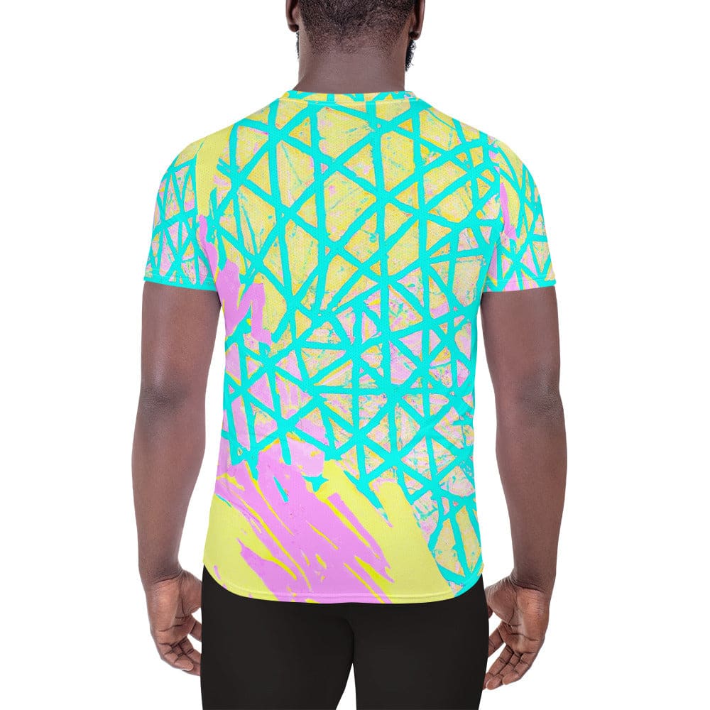 Mens Stretch Fit Athletic Sports T-shirt - Cyan Blue Lime Green and Pink