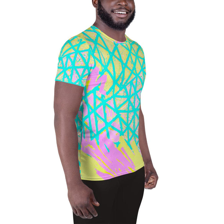 Mens Stretch Fit Athletic Sports T-shirt - Cyan Blue Lime Green and Pink